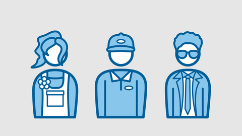 illustratie van drie personen met verschillende beroepen. 1. tuinkleding, 2. bedrijfskleding en 3. man in pak.