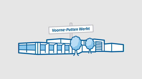 Kantoorgebouw, twee bomen en een bord met "Voorne-Putten Werkt"
